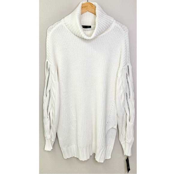 NWT INC International Concepts Cream Turtleneck Cable Knit Rhinestone Sweater - Picture 2 of 10